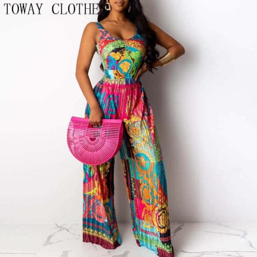 S-3XL Women Sexy V-neck Print Spaghetti Strap Jumpsuits Summer Casual Loose Open Back Sleeveless Floor-length Jumpsuit