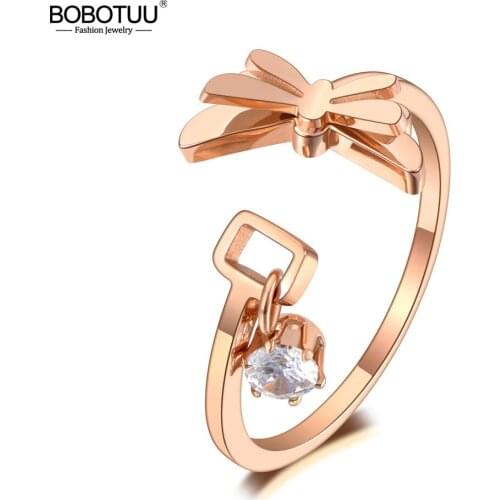 BOBOTUU Creative Titanium Stainless Steel Dragonfly Animal Rings Trendy Rose Gold CZ Crystal Bohemia Ring For Women BR20035