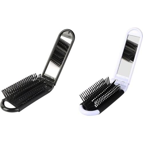 2x Portable Travel Folding Hair Brush with Mirror Compact Pocket Size Comb-Black & White