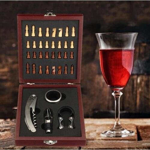 4 Pcs Wine Bottle Opener Accessory Corkscrew Pourer Box Kit Gift + Chess Set