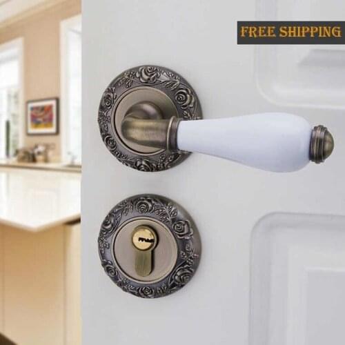 Free shipping European wooden door looks Caved rose ceramic lock Zinc alloy indoor handle locks Bedroom double tongue mute locks