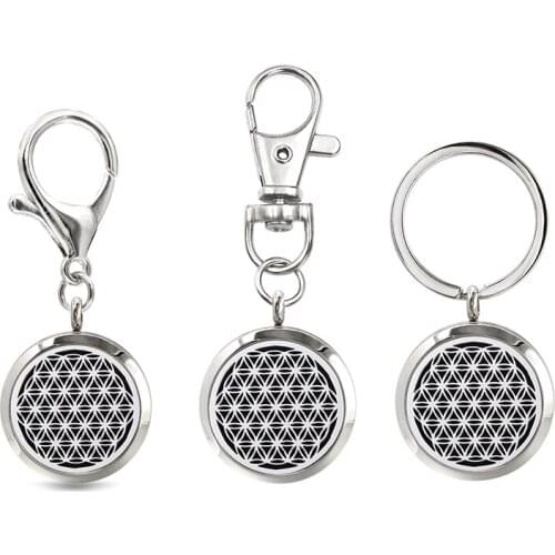 Flower of Life Diffuser Keychain Aromatherapy Locket 30mm Stainless Steel Jewelry Lobster Clasp Keychain With 10pcs Pads Gift