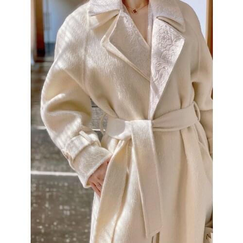 Dinghao long hair 850g off-white jacquard fake two-piece double-sided alpaca coat