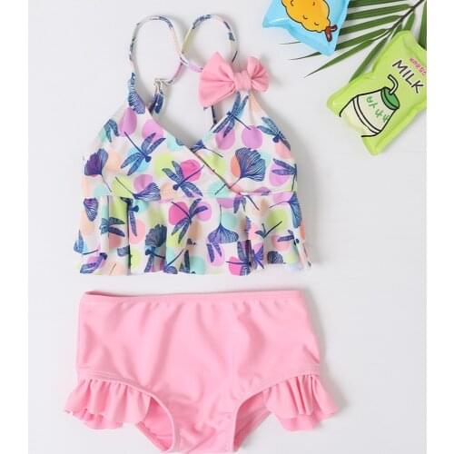 Little Girls Summer Two Piece Split Swimsuit Kids Fresh Bow Printed Backless Tops+Ruffles Elastic Triangle Shorts Swimwear Suits
