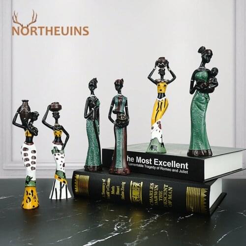 NORTHEUINS 3pcs/Set Resin African Women Figurines Statues Interior Living Room Decoration Crafts Ornaments for Home on the Shelf