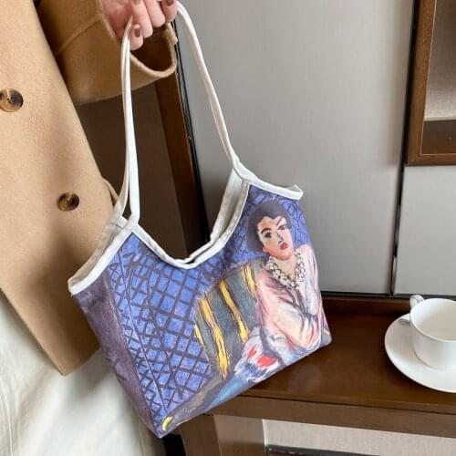 Oil painting canvas handbag trendy large-capacity dumpling bag fresh and artistic shoulder bags