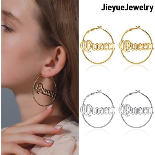 Exaggerated Large Round Letter Queen Hoop Earring Oversize Circle Earrings Ear Rings Jewelry Gifts For Women 5.2*4.8cm 1pair