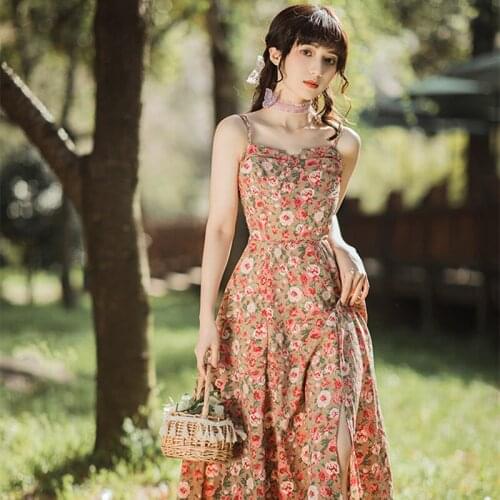 Summer Dress Retro French Temperament Split Oil Painting Floral Dress Vestidos Sleeveless Gentle Spaghetti Strap