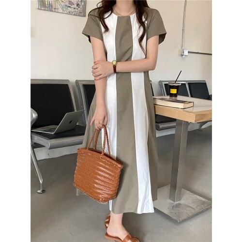 Summer New Maxi Long Dresses for Women Fashion Office Patchwork Color Dress Short Sleeve Korean Dress YOU835