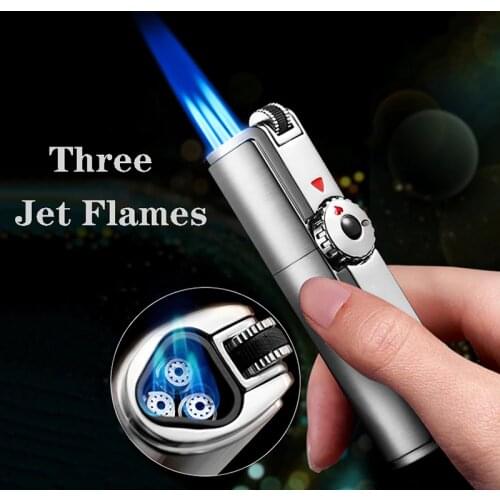 Original jobon Triple Torch Lighter 3 Blue JET flame. Turbo Fire. GAS CIGAR lighter.Windproof Metal Spray Gun Kitchen flint