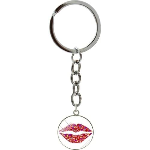Originality Glaze Color Lips Drawing Chain Key Holders For Women Small Glass Cabochon Pendants Decor Keyring