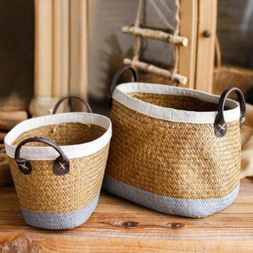 Double Ear Woven Storage Basket Organizer Idyllic Handmade Seaweed Flower Storage Pot Basket Flower Toys Rattan Storage Basket