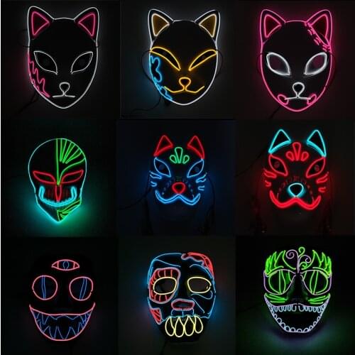 Popular Anime EL Wire Mask Demon Slayer Characters Japanese Fox Horror Monster Luminous LED Mask For Halloween Party Decoration