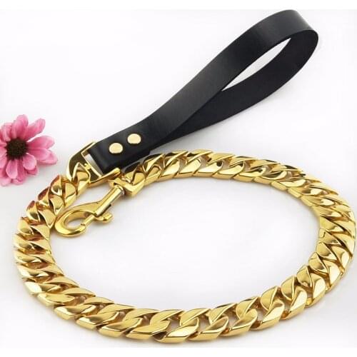 Dog Leash Pet Collar Lead Stainless Steel Super Strong Gold Collar Chain Customized 32mm Bulldog Pitbull Large Dog Collar Leash