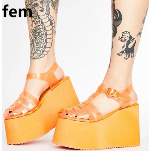 Women Sandals Candy High Heels Flats Platform Height Increase Transparent Sandals Gladiator Cover Toe Buckle Sandalias De Verano