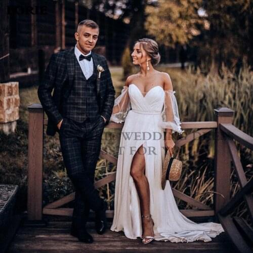 LORIE Chiffon Wedding Dresses Beach Sweetheart Puff Sleeves Bride Dress A-Line 3D Flowers Backless Boho Wedding Gown 2021
