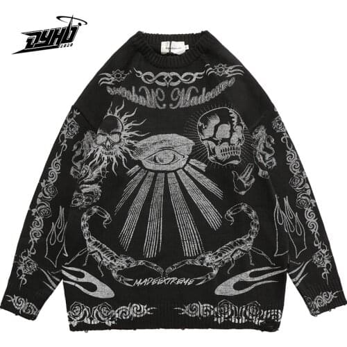 Oversized Sweater Men Women Harajuku Skull Graffiti Retro Vintage Knitted Sweater Unisex Cotton Pullover 2021 Autumn And Winter