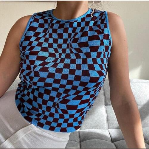 Knitwear Vintage Brown Top Y2K Summer Corset Plaid Cute Tank Top Leisure Knitted Vest Women Crop Top Blue Harajuku