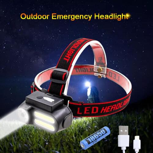 Outdoor USB Rechargeable Headlight 4 Mode 2COB+LED Emergency Headlamp Smart Waterproof Adjustable Camping Lighting Light+Battery