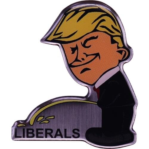 Funny Joke Gag Pin of President Donald Trump Peeing on Liberals - Great Gift Idea