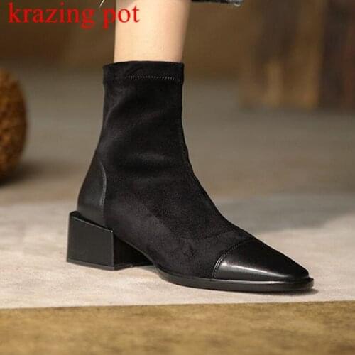 Krazing Pot cow leather basic clothing round toe winter slip on career office lady med heels big size high fashion ankle boots