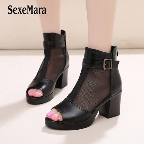 SexeMara European Style Black Ankle Women Boots Peep Toe Back Zipper Net yarn Genuine Leather Boots Female Shoes Size 35 41