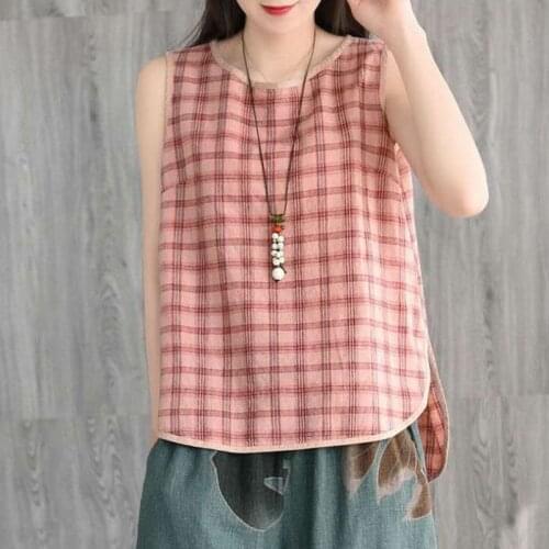 2020 Summer New Arts Style Women Sleeveless Plaid Tank Tops All-matched Casual Loose Cotton Linen Top Femme Vintage Tops S307
