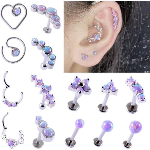 1PCS 16G Opal 38 Cluster Ear Tragus Helix Cartilage Piercing Surgical Steel Opal Nose Ring Septum Clicker Daith Earring Labret J