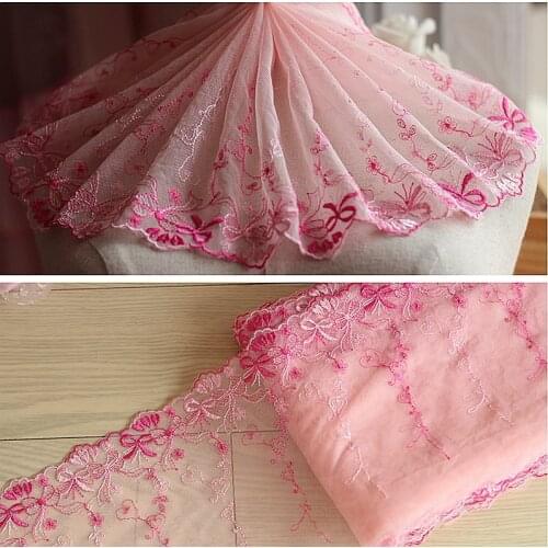 2yards/lot 18cm wide Embroidered Tulle Lace trim mesh lace trim~ Pink + bow ~lovely