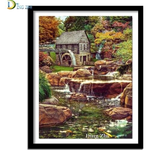 5D Diy Diamond Painting Idyllic Hut Creek Full Square Round Drill Rhinestone Mosaic Natural Scenery Home Decor Cross Stitch Kit