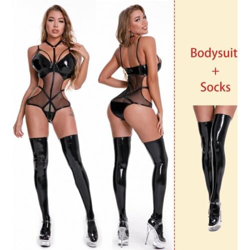 AIIOU Sexy Faux Pu Leather Lingerie Transparent Lace Bodysuit Sex Night Erotic Apparel Mistress Fetish Bondage Teddies Costume