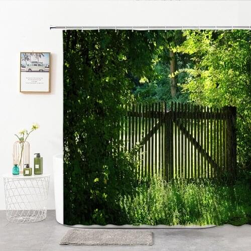 Wooden Fence With Green Branches And Leaves Shower Curtain Fabric European Retro Gate Bath Decor Curtains 3D Bathroom Supplies