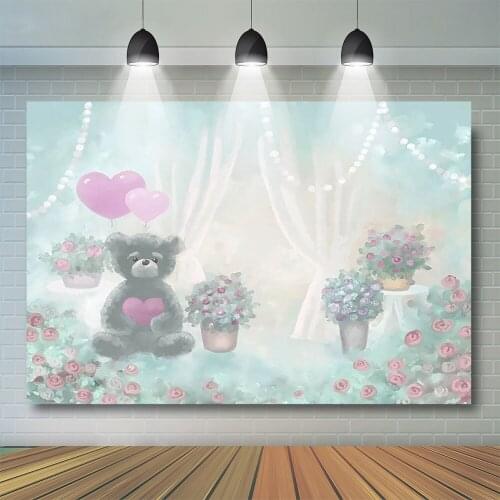 Valentines Day Photography Background Toy Bear Rose Flower Kids Love Birthday Backdrop Newborn Baby Decoration Props Studio
