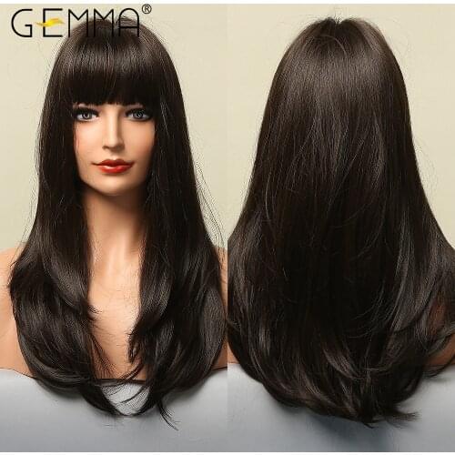 GEMMA Long Straight Black Dark Brown Synthetic Wigs with Bangs for Women Afro Layered Cosplay Party Daily Heat Resistant Hair