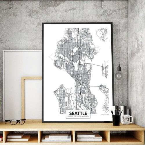 Famous City Map USA Seattle Print Canvas Painting Wall Art Pictures Black White Posters and Prints Living Room Home Decor