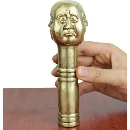 Chinese Old Copper Handwork Carving 4 Face Buddha Statue Walking Stick Head