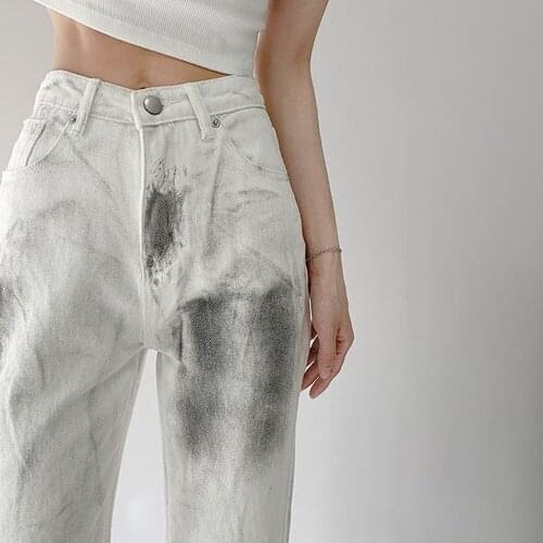 Cool Classic High Waist Womens Jeans Splashing Ink Fashion Harajuku Wide Leg Long Pants Fashion Straight Baggy Denim Trouser