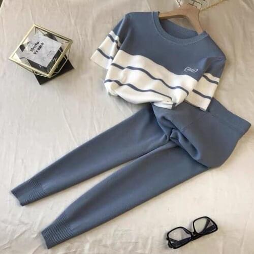 Fashion Designer Korean Elegant Knitted 2 Piece Pants Sets Short Sleeve O-neck Tops + Wide Leg Pants Suits 2021 Autumn Sets