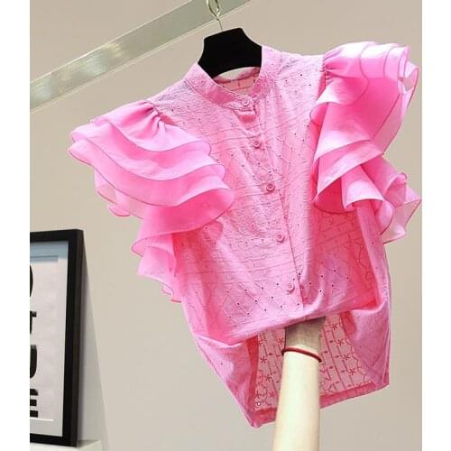 Summer Womens Vintage Cotton Linen Fashion Ruffled Flying Sleeve Shirt Top Sexy Hollow Out Embroidery White Blouse Plus Size 3XL