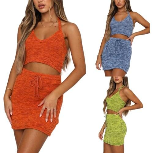 Summer Womens Suit Sexy Vest and Skirt Casual Set Fashion Solid Color Halter Bandage Tops and Tight Short Skirt