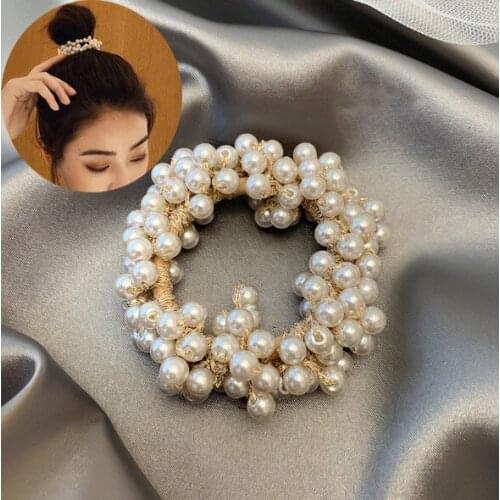 Fashion Rope Scrunchie Ponytail Holder White Pink Champange Faux Pearl Beads Elastic Hair Bands Hair Accessories for Women