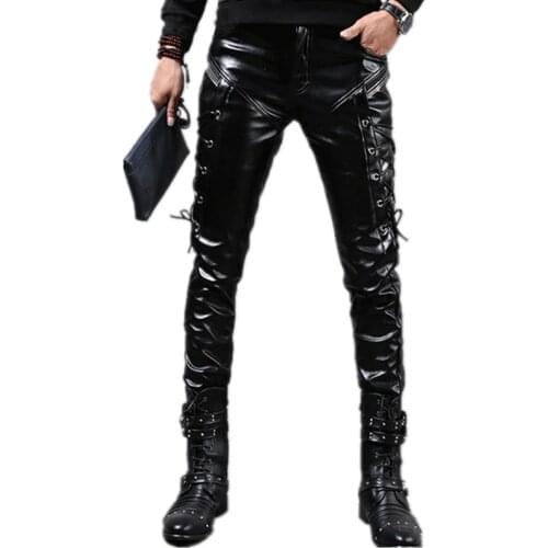 Men`s Leather Pants Punk Style Skinny Lace Up Party Stage Performance Night Club Steampunk Faux PU Leather Trousers