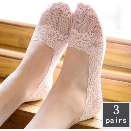 3 Pairs Lace Socks Women Silica Lace Boat Socks Invisible Cotton Sole Non-slip Antiskid Slippers Anti-Slip Short Sock Summer