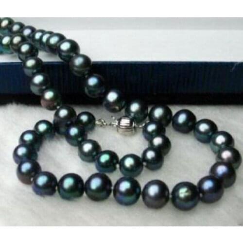 Stunning AAA 9-10 mm round black pearl necklace 18 inch 14k/20