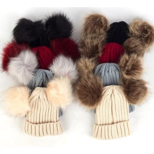 Autumn and Winter Newborn Hat Soft Cotton Bonnet with Faux Raccoon Fur Pompom Baby Accessories for Child Baby Girl Boy Hats