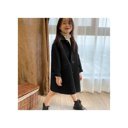 Girls Black Woolen Jacket Toddler Girl Turn Down Collar Solid Jacket 2021 Autumn and Winter New Childrens Woolen Windbreaker