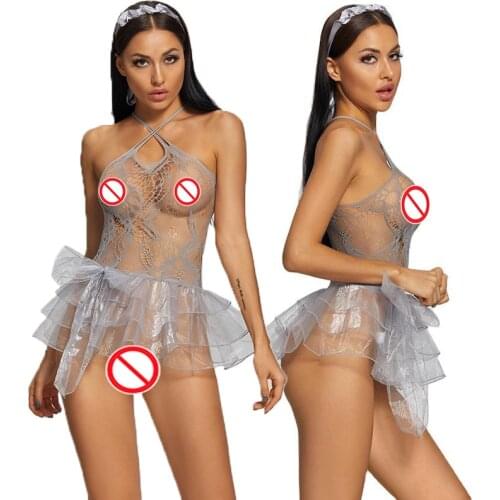 Sexy Gray Uniform Temptation Mesh Transparent Suspender One-piece Dress Sexy Womens Underwear European Style Clothing