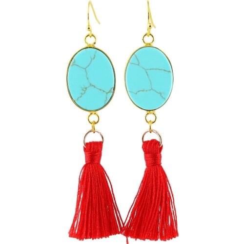 TUMBEELLUWA Oval Green Howlite Stone with Tassel Dangle Hook Earrings for Women