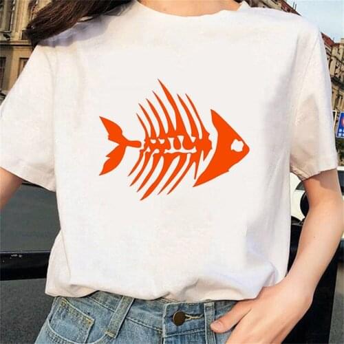 Fish printed women T shirt fashion fish bone print couples T-shirt versatile top COLZ