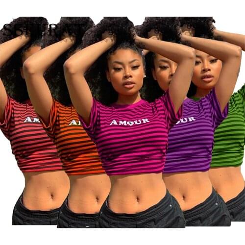 SSEURAT 2021 Women Summer Tshirts Striped Print O-neck Short Sleeve Fashion Tee Tops Streetwear T-shirts Tops